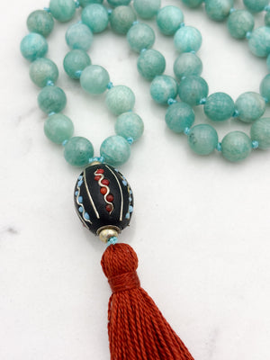 amazonite gemstone mala wtih brass with tibetan guru bead and rust colored tassel | radiant malas | handmade in boulder, colorado