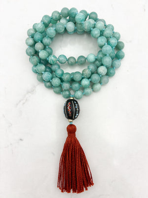 amazonite gemstone mala wtih brass with tibetan guru bead and rust colored tassel | radiant malas | handmade in boulder, colorado