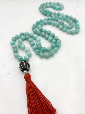 amazonite gemstone mala wtih brass with tibetan guru bead and rust colored tassel | radiant malas | handmade in boulder, colorado