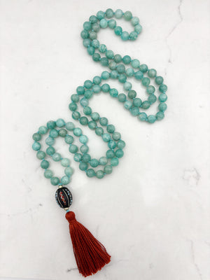 amazonite gemstone mala wtih brass with tibetan guru bead and rust colored tassel | radiant malas | handmade in boulder, colorado