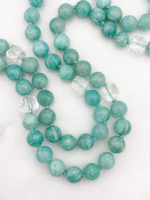 amazonite with clear quartz gemstone mala wtihclear quartz guru bead and aqua tassel | radiant malas | handmade in boulder, colorado