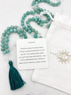 amazonite with clear quartz gemstone mala wtihclear quartz guru bead and aqua tassel | radiant malas | handmade in boulder, colorado