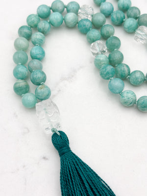 amazonite with clear quartz gemstone mala wtihclear quartz guru bead and aqua tassel | radiant malas | handmade in boulder, colorado