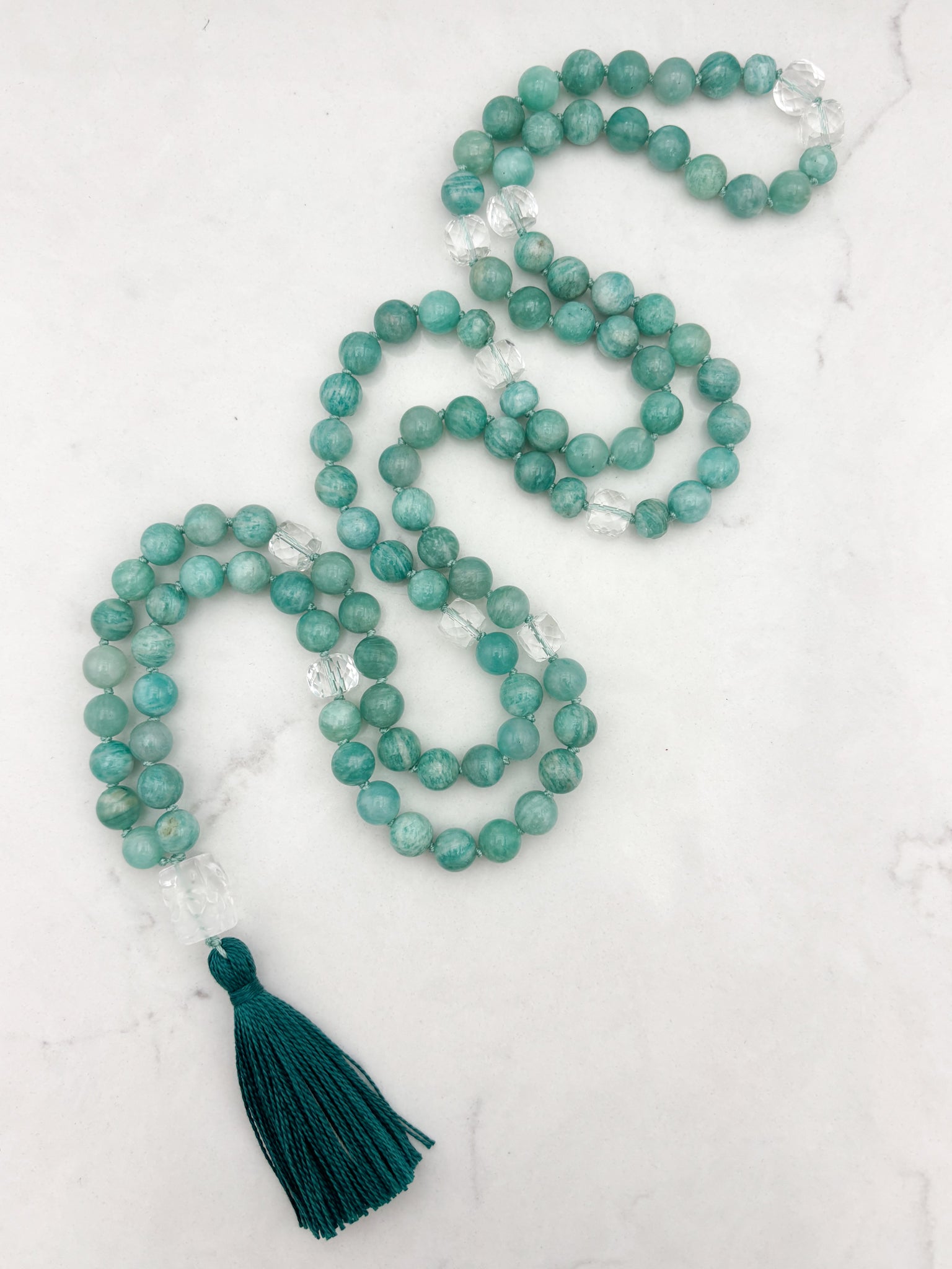 amazonite with clear quartz gemstone mala wtihclear quartz guru bead and aqua tassel | radiant malas | handmade in boulder, colorado