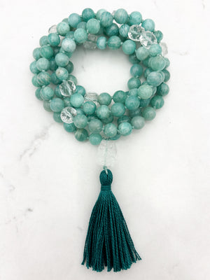 amazonite with clear quartz gemstone mala wtihclear quartz guru bead and aqua tassel | radiant malas | handmade in boulder, colorado