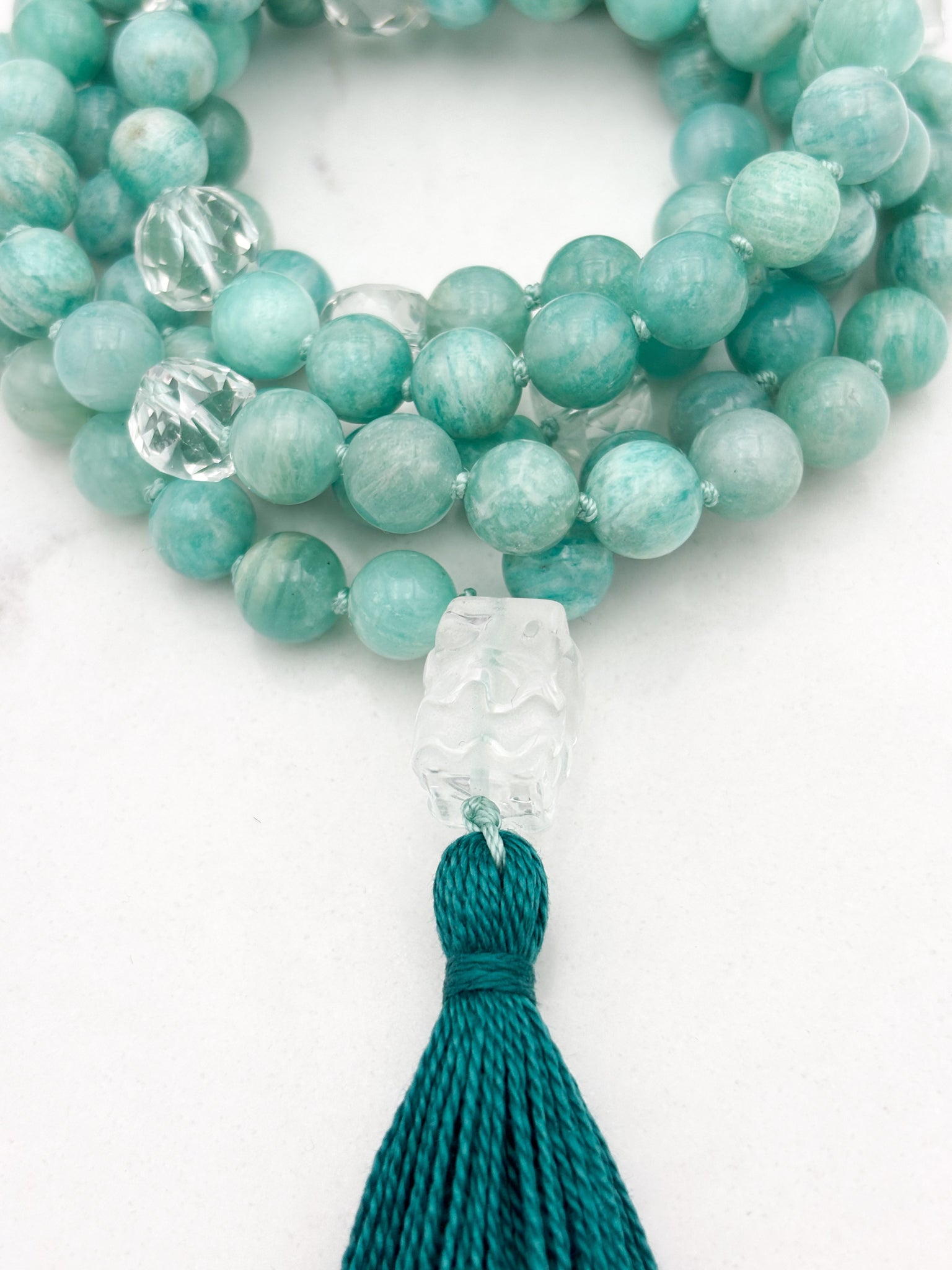 amazonite with clear quartz gemstone mala wtihclear quartz guru bead and aqua tassel | radiant malas | handmade in boulder, colorado