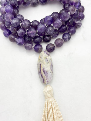 amethyst gemstone mala with chevron amethyst guru bead and cream tassel  | radiant malas | handmade in boulder, colorado