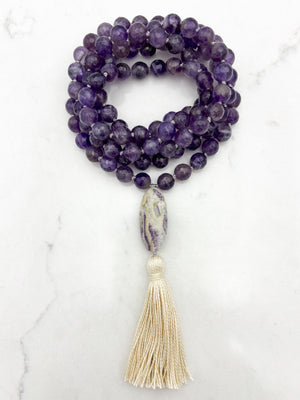 amethyst gemstone mala with chevron amethyst guru bead and cream tassel  | radiant malas | handmade in boulder, colorado
