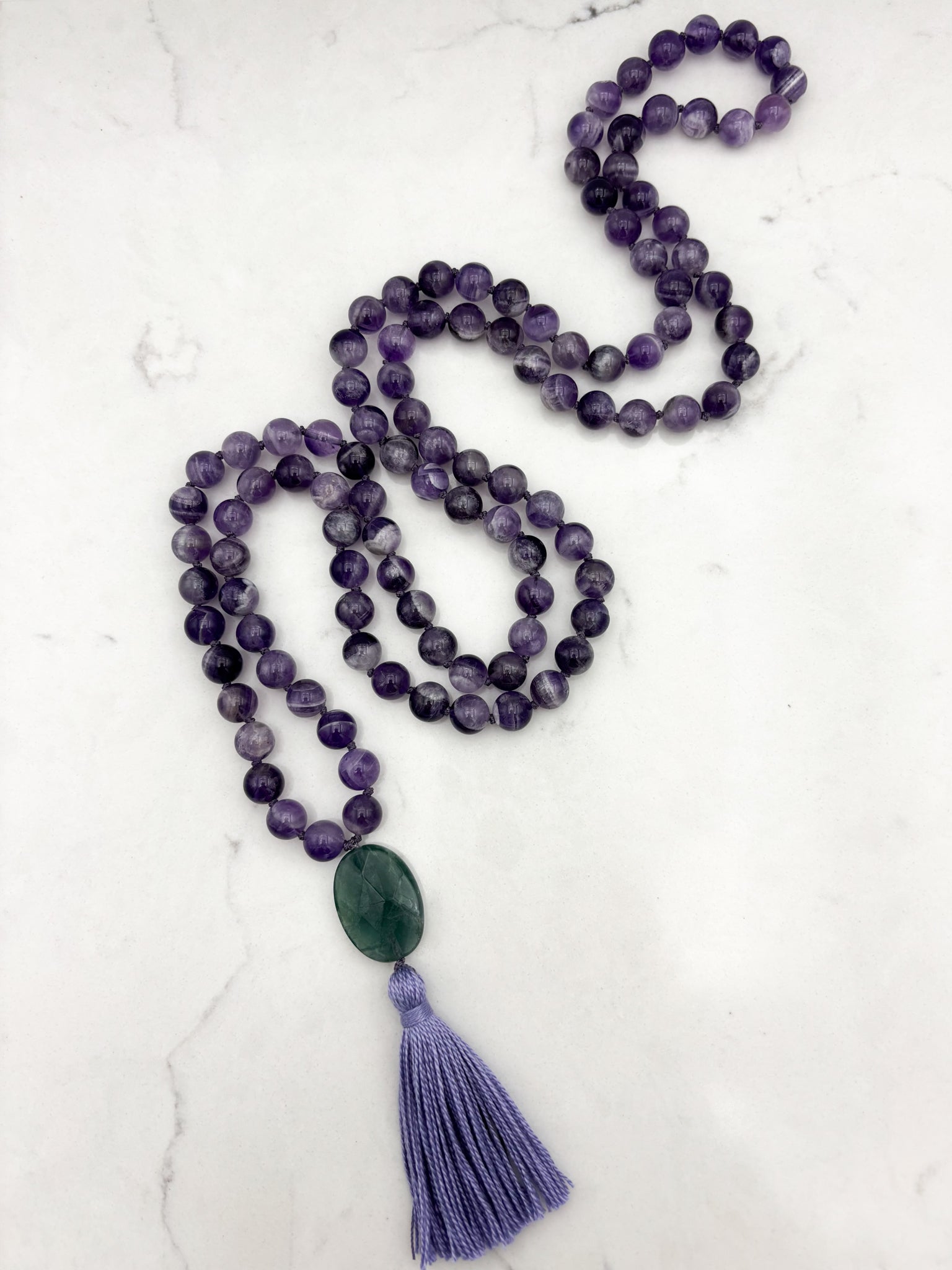 amethyst gemstone mala with fluorite guru bead and lavender tassel  | radiant malas | handmade in boulder, colorado