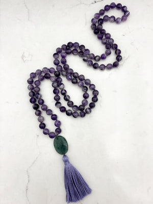 amethyst gemstone mala with fluorite guru bead and lavender tassel  | radiant malas | handmade in boulder, colorado