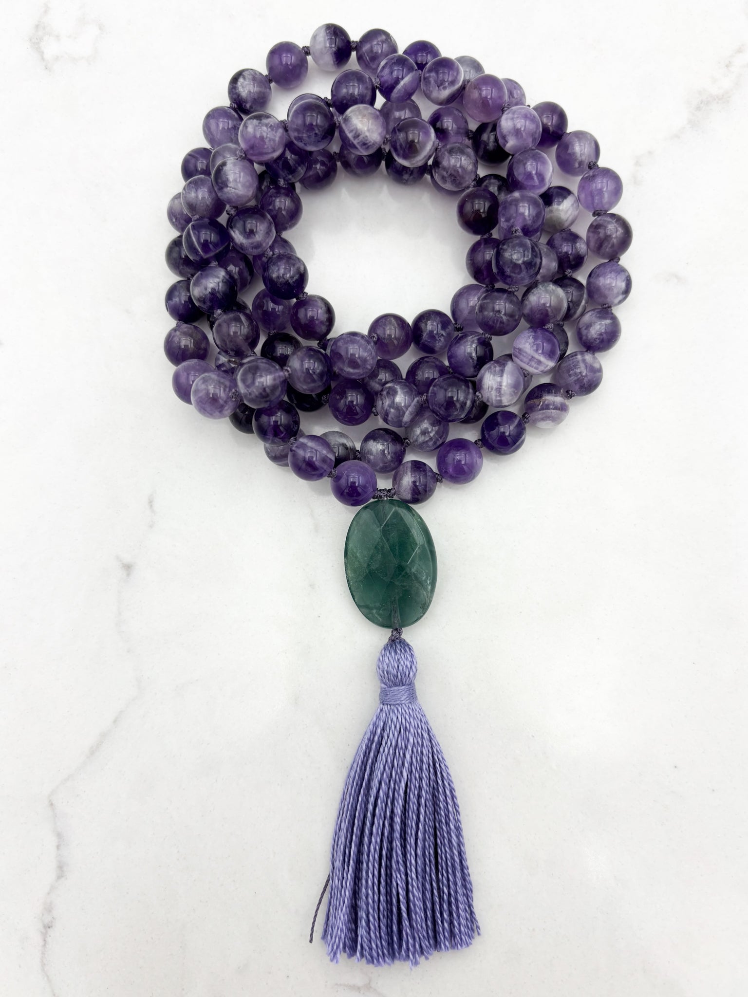 amethyst gemstone mala with fluorite guru bead and lavender tassel  | radiant malas | handmade in boulder, colorado