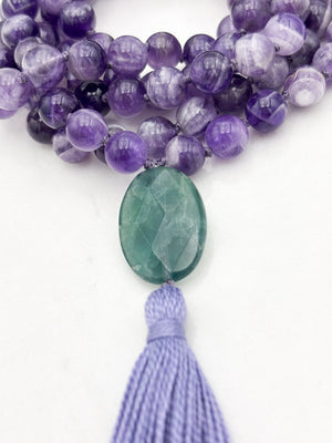 amethyst gemstone mala with fluorite guru bead and lavender tassel  | radiant malas | handmade in boulder, colorado