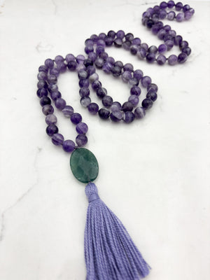 amethyst gemstone mala with fluorite guru bead and lavender tassel  | radiant malas | handmade in boulder, colorado