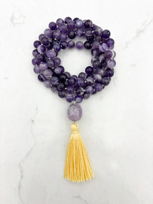 amethyst gemstone mala with lepidolite guru bead and yellow tassel | radiant malas | handmade in boulder, colorado