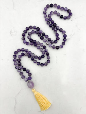 amethyst gemstone mala with lepidolite guru bead and yellow tassel | radiant malas | handmade in boulder, colorado
