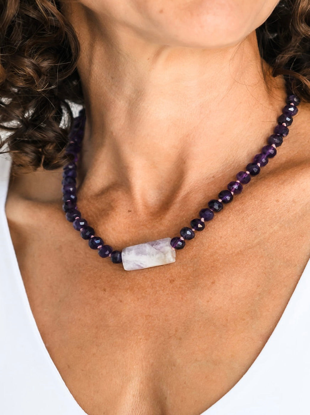 amethyst knotted gemstone necklace with pink amethyst center stone | radiant malas | handmade in boulder, colorado