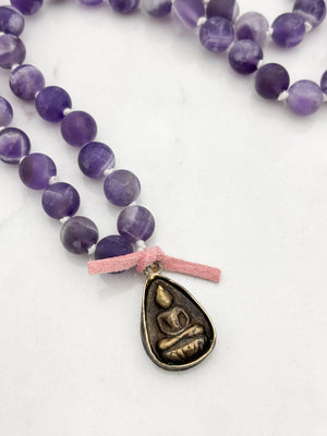amethyst gemstone mala necklace with brass buddha pendant | radiant malas | handmade in boulder, colorado