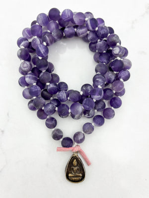 amethyst gemstone mala necklace with brass buddha pendant | radiant malas | handmade in boulder, colorado