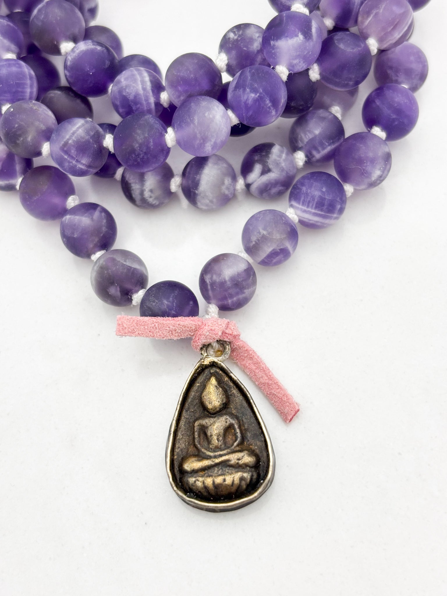 amethyst gemstone mala necklace with brass buddha pendant | radiant malas | handmade in boulder, colorado