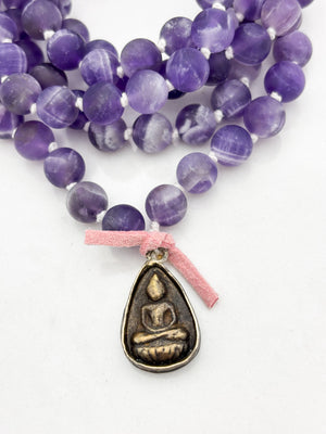 amethyst gemstone mala necklace with brass buddha pendant | radiant malas | handmade in boulder, colorado