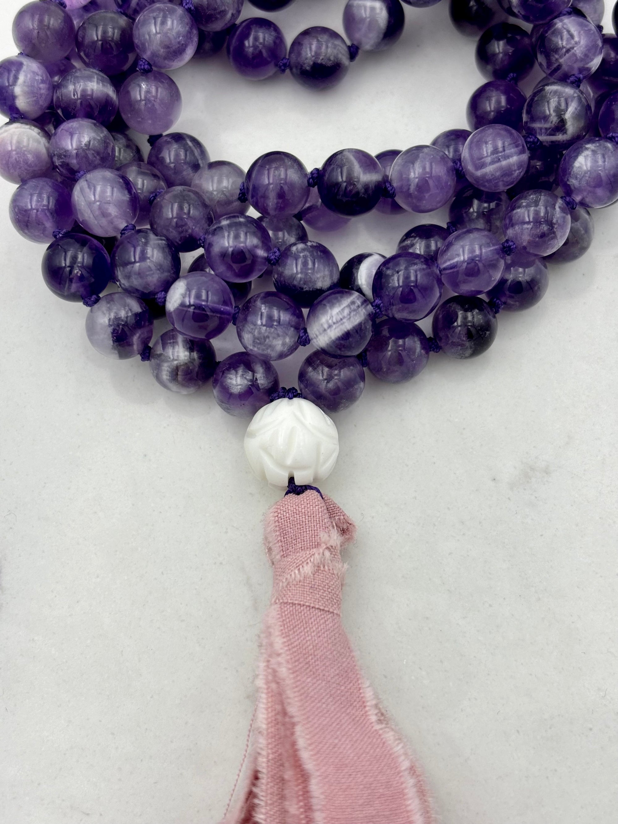 amethyst gemstone mala with silk tassel | radiant malas | handmade in boulder, colorado