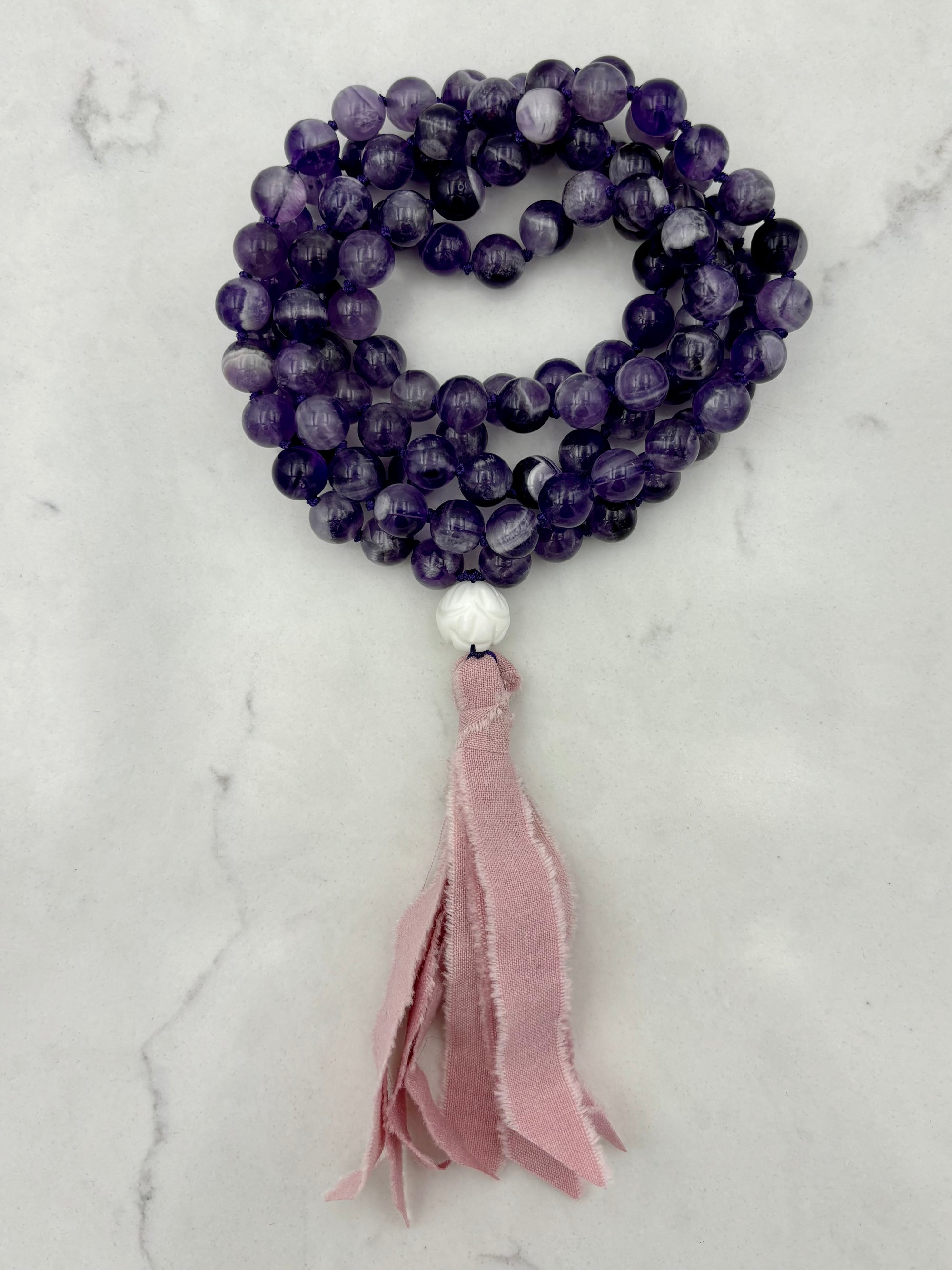 amethyst gemstone mala with silk tassel | radiant malas | handmade in boulder, colorado