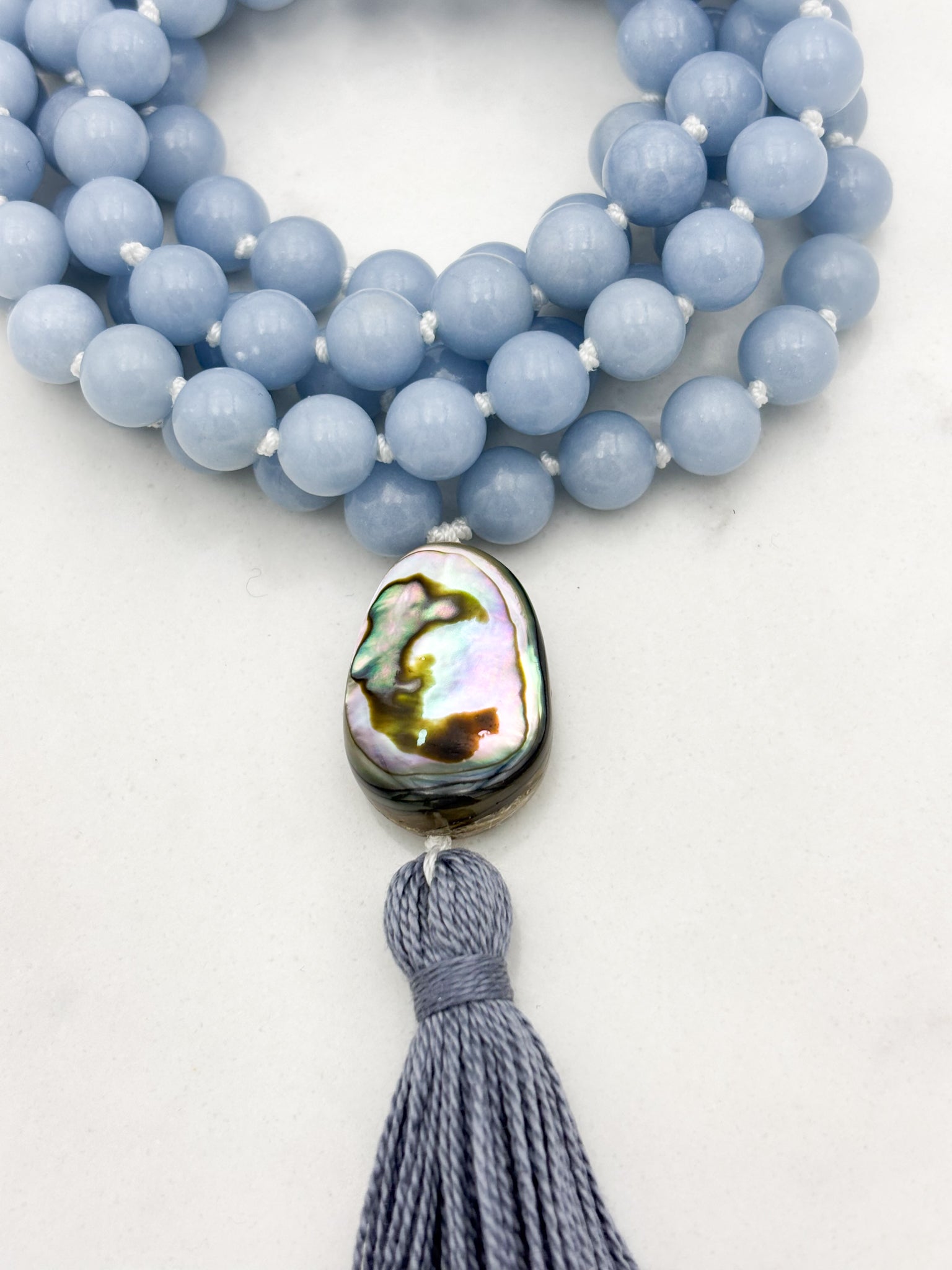 angelite gemstone mala necklace | radiant malas | handmade in boulder, colorado