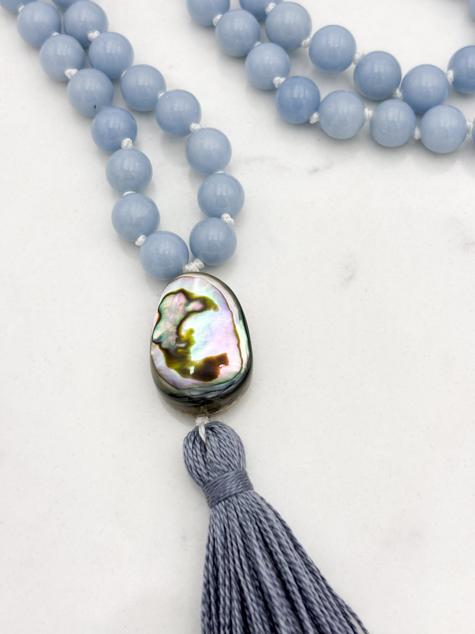 angelite gemstone mala necklace | radiant malas | handmade in boulder, colorado