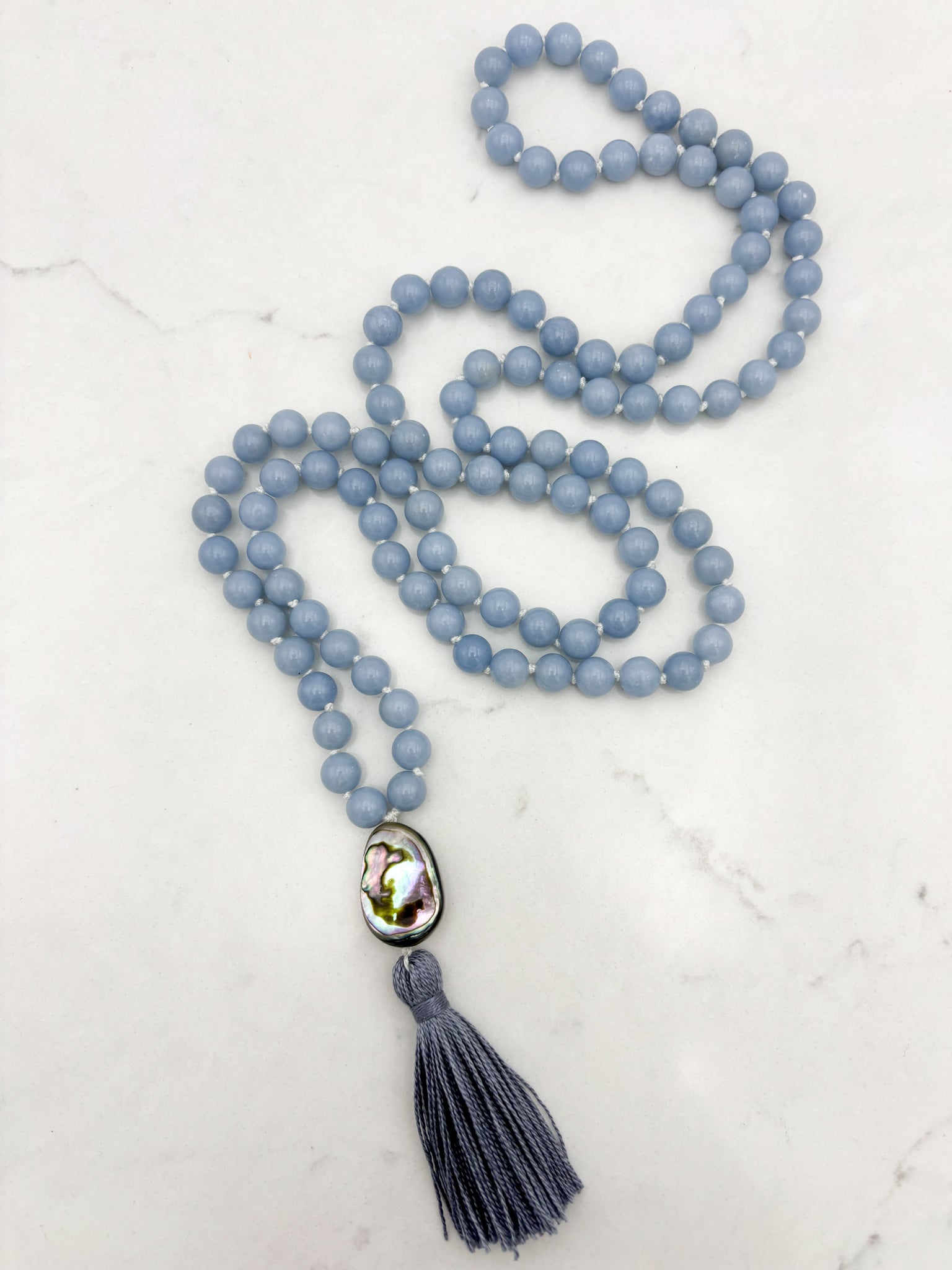angelite gemstone mala necklace | radiant malas | handmade in boulder, colorado