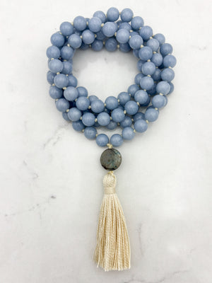 angelite gemstone mala necklace with azurite guru bead and cream colored tassel | radiant malas | handmade in boulder, colorado