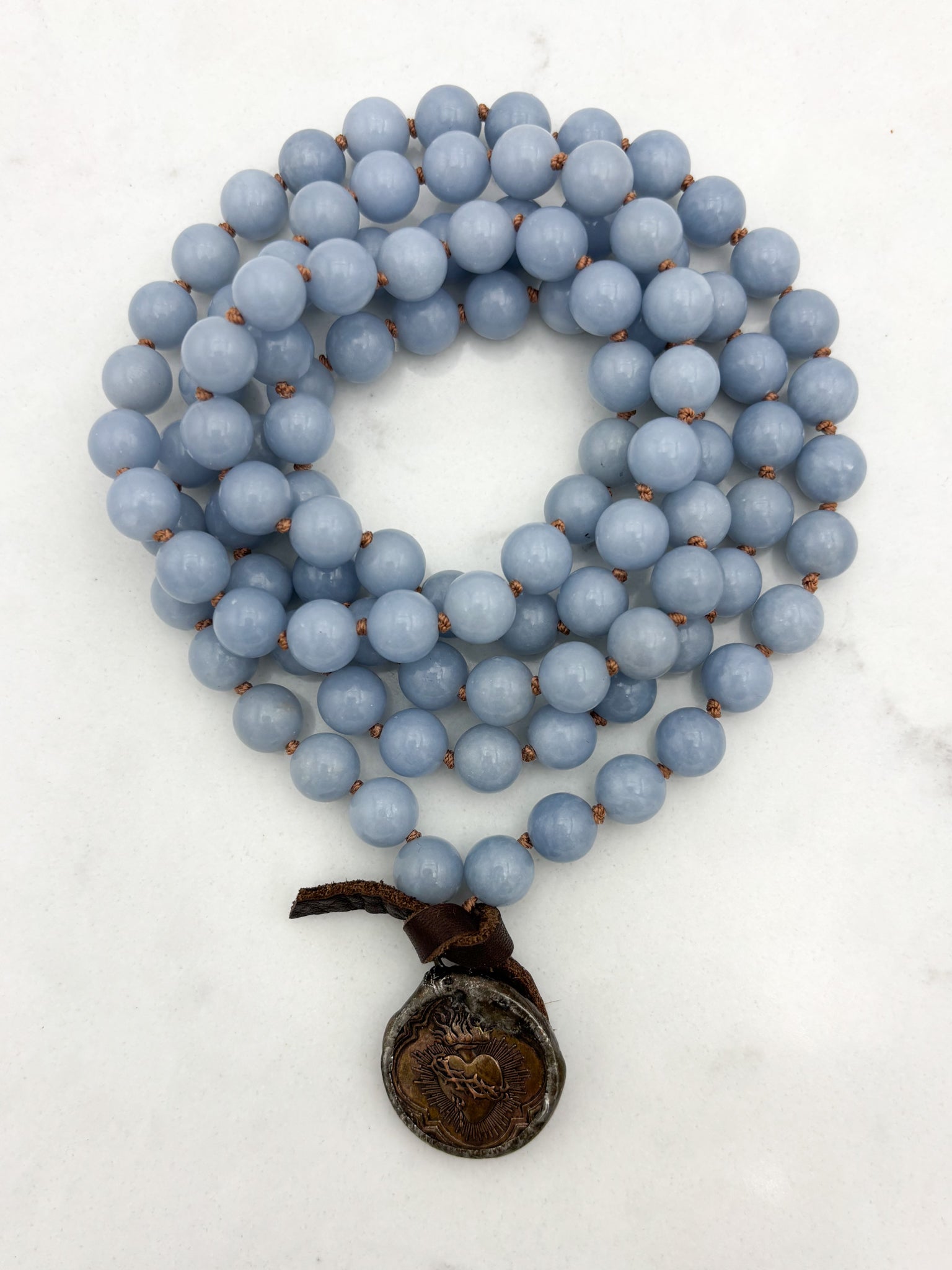 angelite gemstone mala necklace with brass pendant | radiant malas | handmade in boulder, colorado