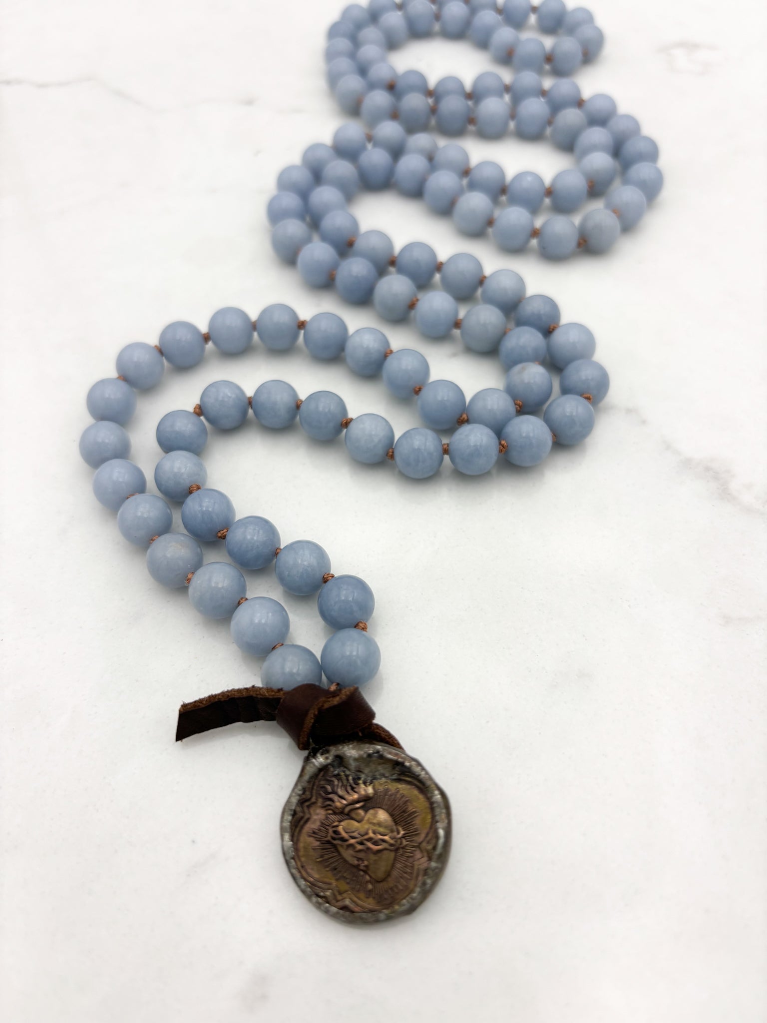 angelite gemstone mala necklace with brass pendant | radiant malas | handmade in boulder, colorado