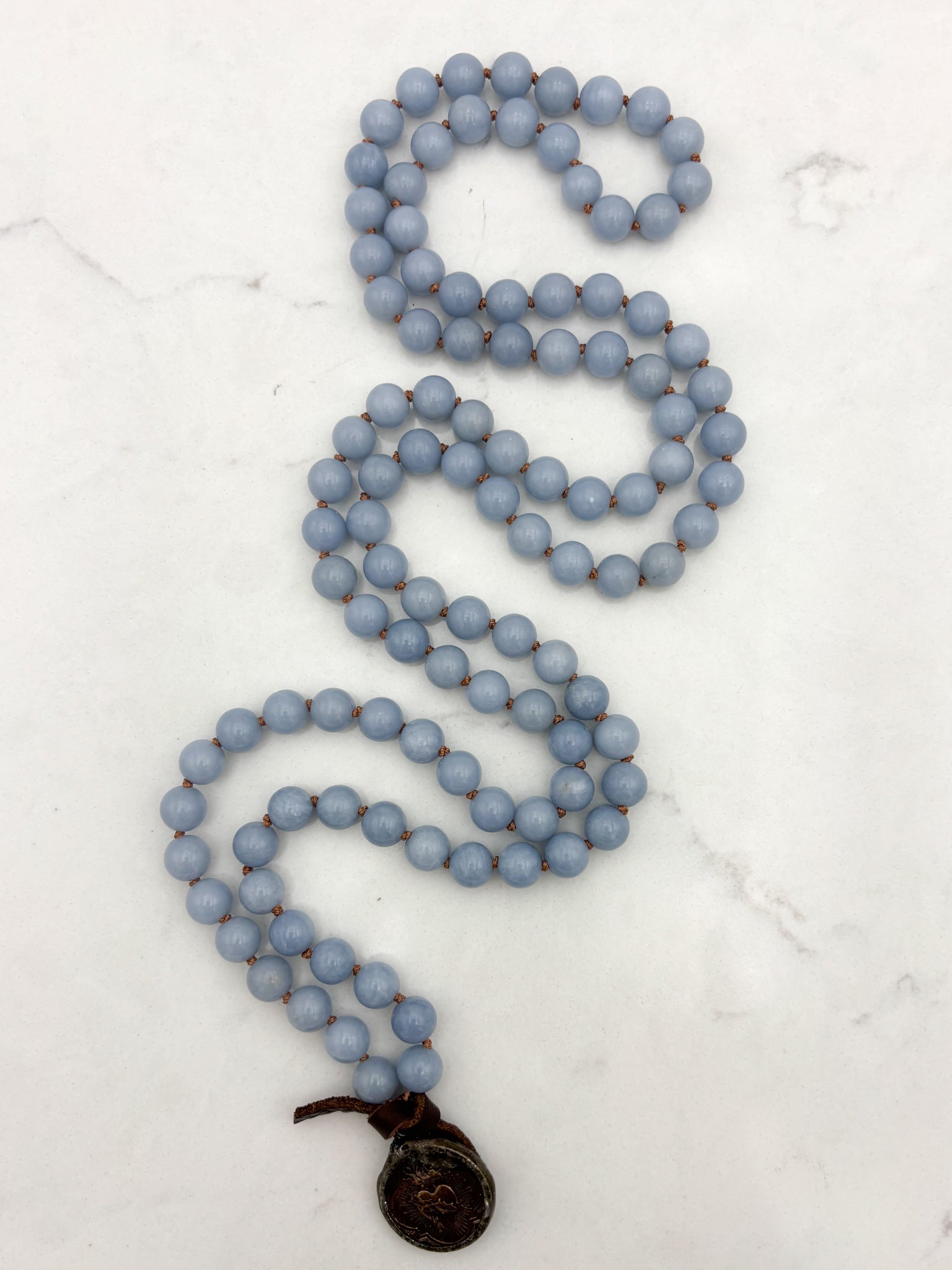 angelite gemstone mala necklace with brass pendant | radiant malas | handmade in boulder, colorado