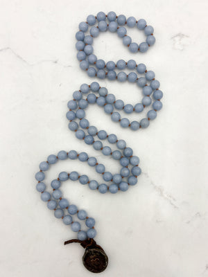 angelite gemstone mala necklace with brass pendant | radiant malas | handmade in boulder, colorado