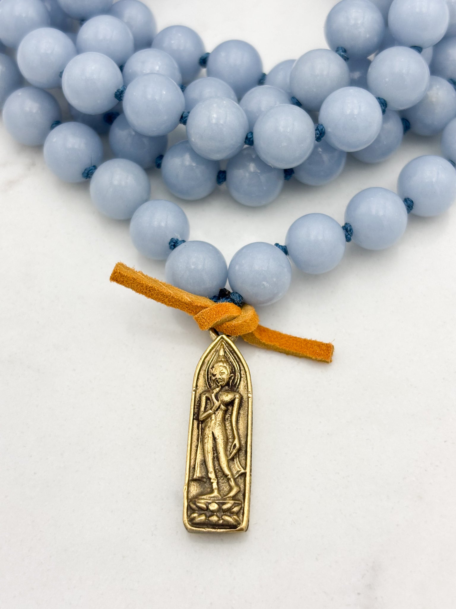 angelite gemstone mala with brass buddha pendant | radiant malas | handmade in boulder, colorado