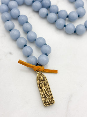 angelite gemstone mala with brass buddha pendant | radiant malas | handmade in boulder, colorado