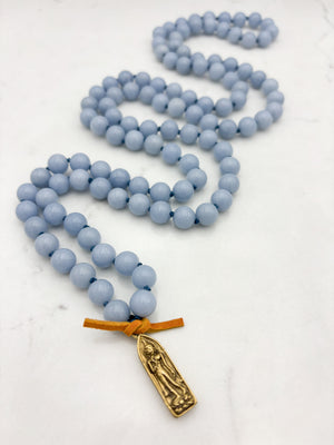 angelite gemstone mala with brass buddha pendant | radiant malas | handmade in boulder, colorado