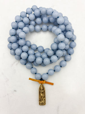 angelite gemstone mala with brass buddha pendant | radiant malas | handmade in boulder, colorado