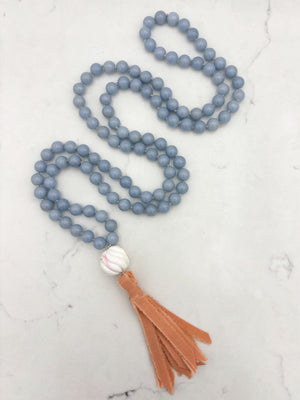 angelite gemstone mala with shell guru bead and peach silk tassel | radiant malas | handmade in boulder, colorado