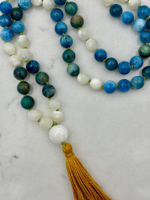 blue apatite, mother of pearl, chrysocolla gemstone mala | radiant malas | handmade in boulder, colorado