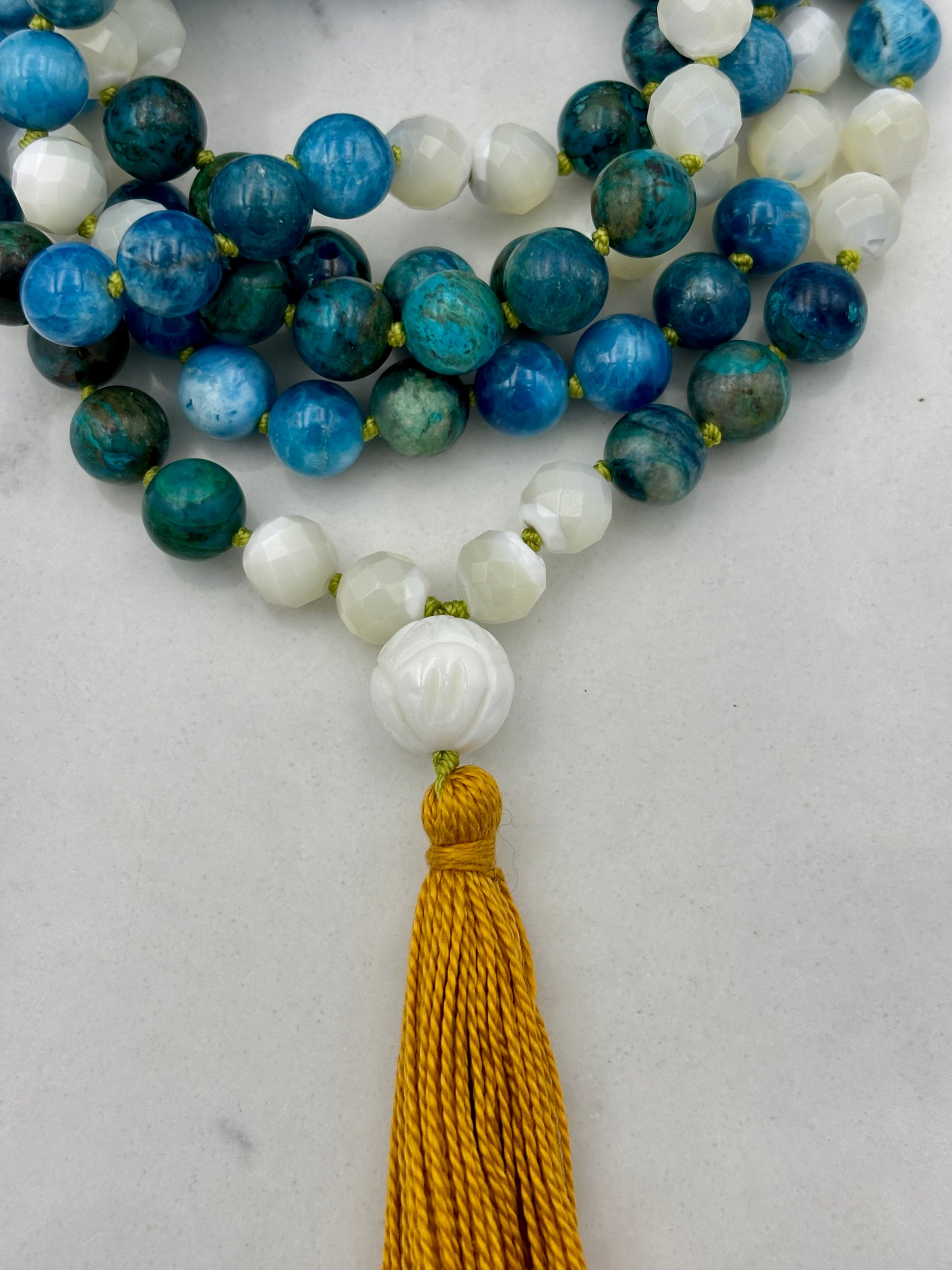 blue apatite, mother of pearl, chrysocolla gemstone mala | radiant malas | handmade in boulder, colorado