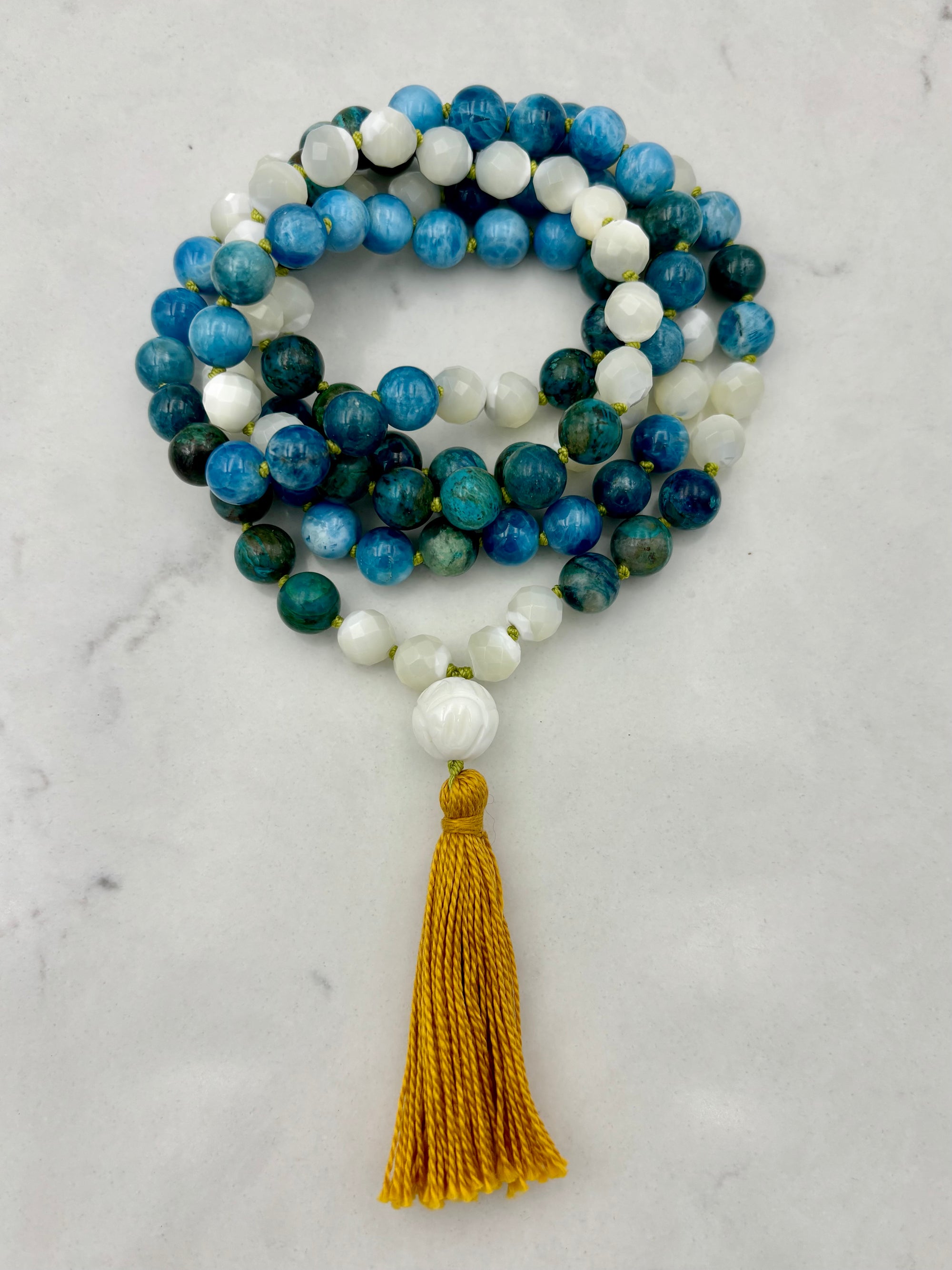 blue apatite, mother of pearl, chrysocolla gemstone mala | radiant malas | handmade in boulder, colorado