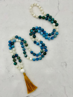 blue apatite, mother of pearl, chrysocolla gemstone mala | radiant malas | handmade in boulder, colorado