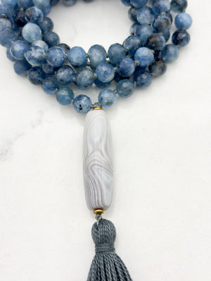 aquamarine gemstone mala necklace with agate guru bead and gray tassel | radiant malas | handmade in boulder, colorado