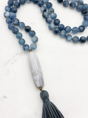 aquamarine gemstone mala necklace with agate guru bead and gray tassel | radiant malas | handmade in boulder, colorado