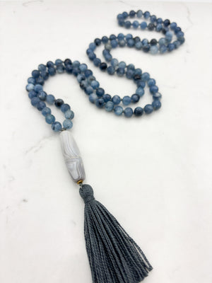 aquamarine gemstone mala necklace with agate guru bead and gray tassel | radiant malas | handmade in boulder, colorado