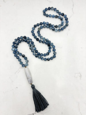 aquamarine gemstone mala necklace with agate guru bead and gray tassel | radiant malas | handmade in boulder, colorado