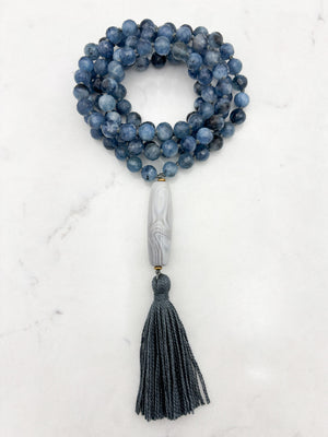 aquamarine gemstone mala necklace with agate guru bead and gray tassel | radiant malas | handmade in boulder, colorado