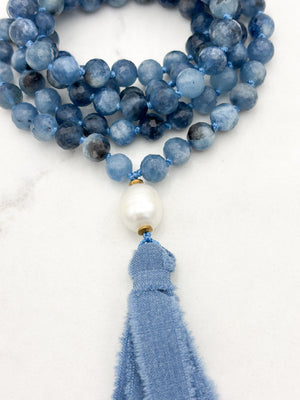 aquamarine gemstone mala with freshwater pearl uru bead and blue silk ro=ibbon tassel | radiant malas 
 handmade in boulder, colorado