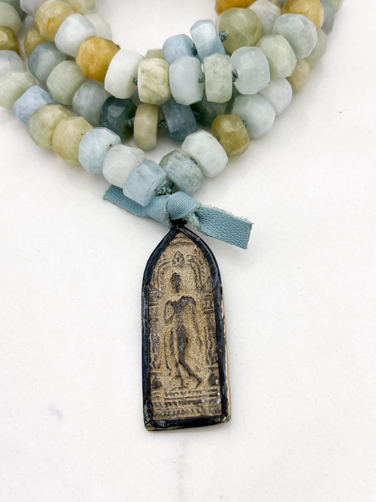 aquamarine gemstone mala necklace with vintage brass pendant | radiant malas | handmade in boulder, colorado